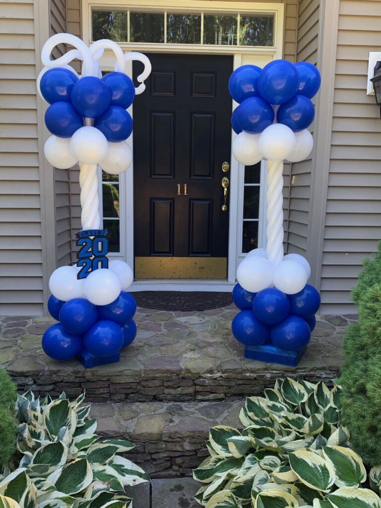 blue and white balloon topiary